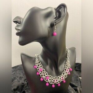 NWT Paparazzi 3 Piece Set Silver Chain Fuchsia Beads Necklace Earrings Bracelet